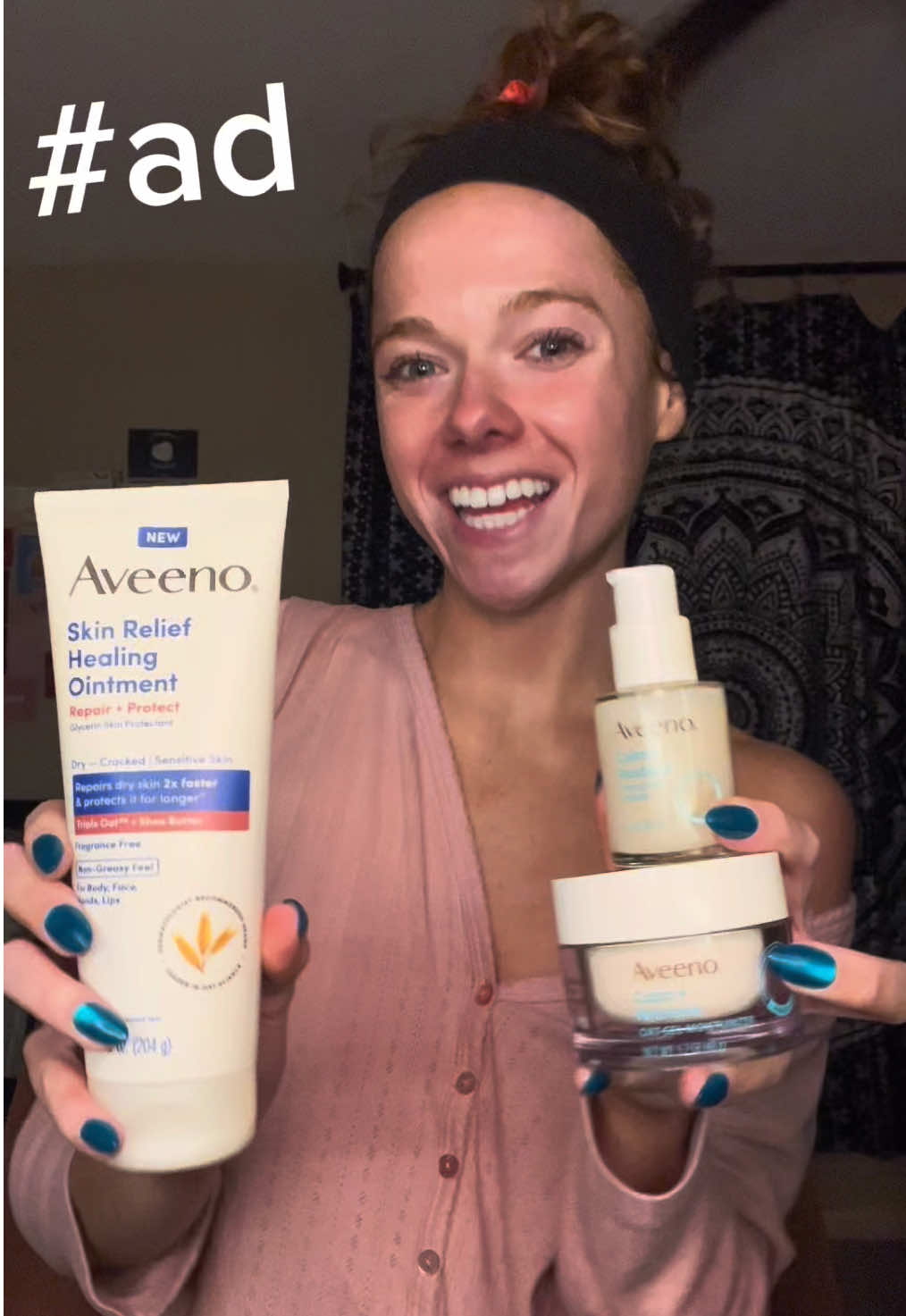 TikTok post by @sloaneunfiltered for Aveeno. Caption reads: [...] and made for everyday use. #ad @Aveeno.