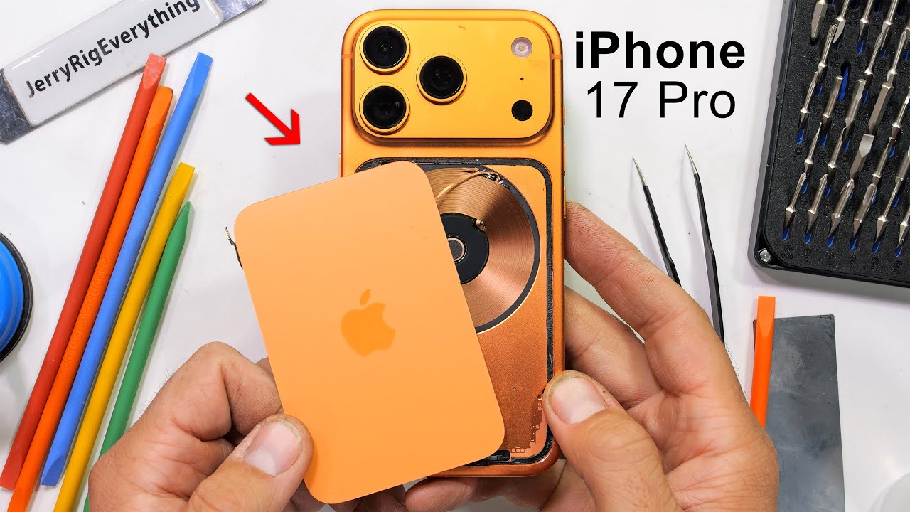 YouTube post by @JerryRigEverything for iFixit. Caption reads: iPhone 17 Pro Teardown -- I AM JEALOUS.