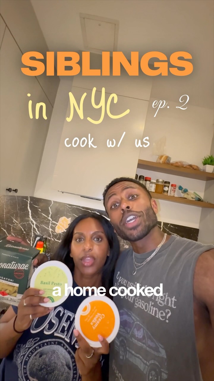 Instagram post by @bonsanemera for Hungryroot. Caption reads: Siblings in NYC: Cook With Us 🗽

#cookwithme....