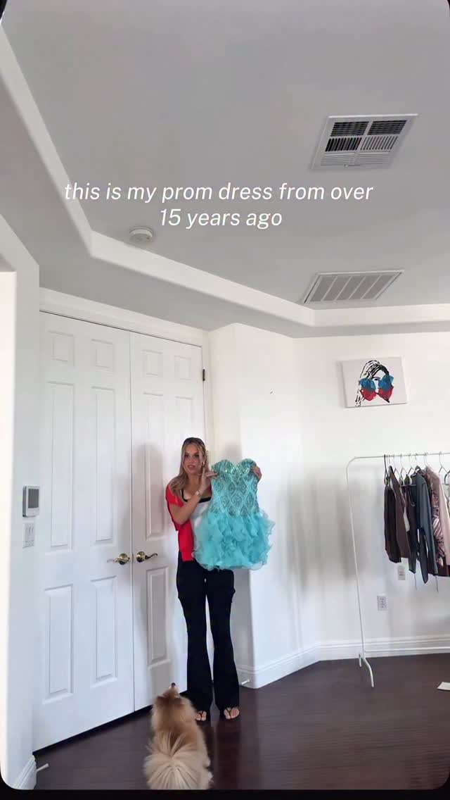 Instagram post by @blairwalnuts for Sherri Hill. Caption reads: Watch until the end to see what my dog thinks lol....
