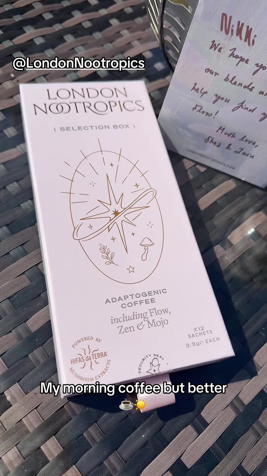 TikTok post by @nikkibritt85 for London Nootropics. Caption reads: @London Nootropics These gorgeous blends take your....