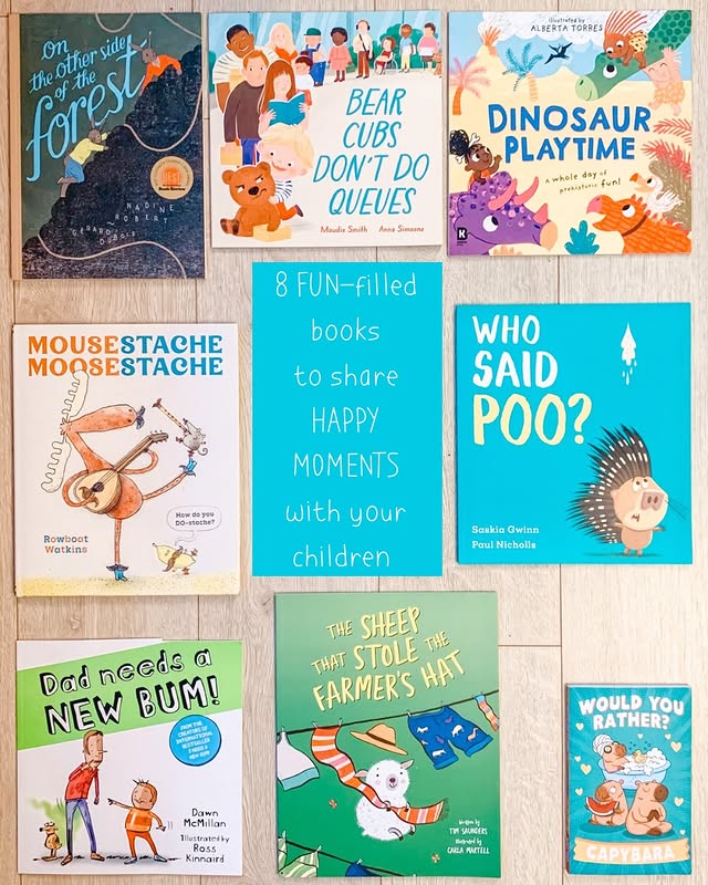 Instagram post by @thekidsbookstagrammer for Farshore Books. Caption reads: ✎ 8 FUN-filled books to share HAPPY MOMENTS with....