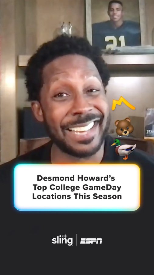 Instagram post by @desmondhoward for SLING TV. Caption reads: 13 different campuses hosted @collegegameday this....