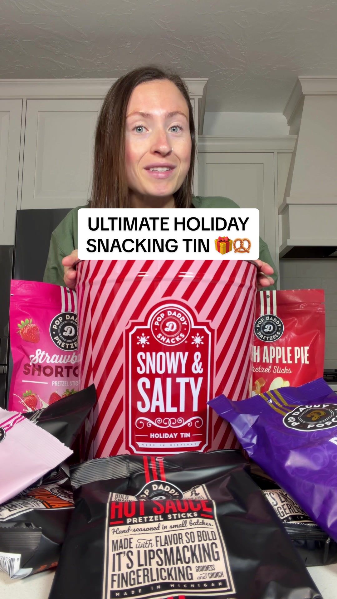 TikTok post by @morganchompz for Popdaddy Snacks. Caption reads: [...] one 🥨🎁 Such a great gift idea!!....