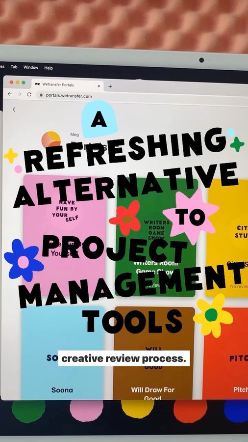 Instagram post by @yourbuddymeg for WeTransfer. Caption reads: [...] desktop chaos. But thankfully @wetransfer....