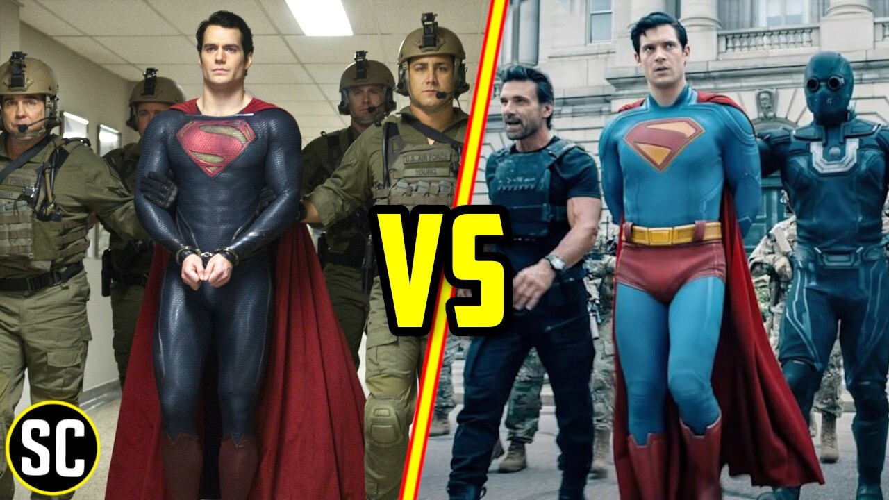 YouTube post by @ScreenCrush for MANSCAPED. Caption reads: Superman vs Man of Steel: One Scene That Shows Why....