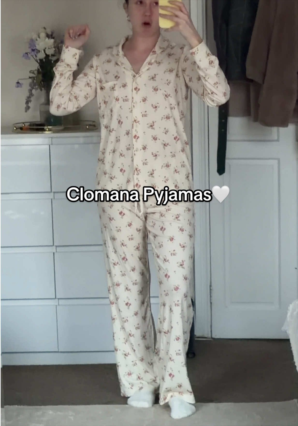 TikTok post by @shaniaflanagan_ for Clomaná. Caption reads: [...] compares to a good pair of pyjamas 😭😭....