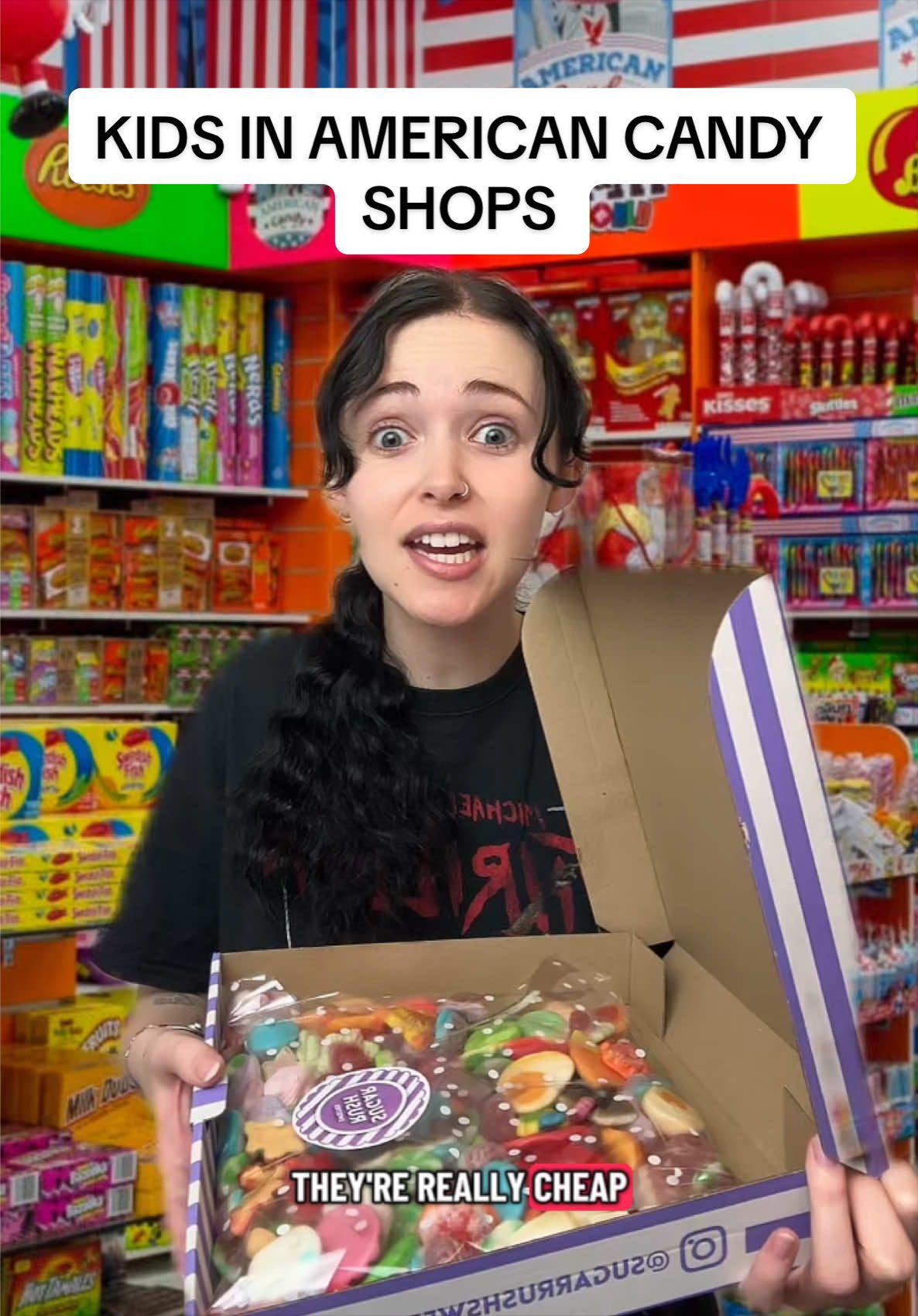 TikTok post by @holly_laing for Sugar Rush Sweeties. Caption reads: [...] #uk #americansweets #sweets #candy....