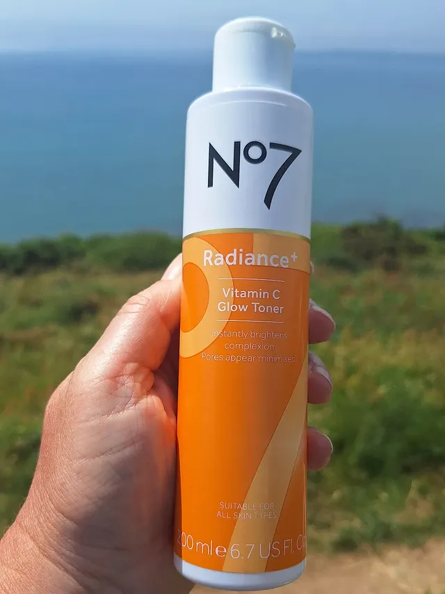 Instagram post by @debt.freemum for No7. Caption reads: #ad @no7uk Radiance+ Vitamin C Glow Toner 🧡 Love....
