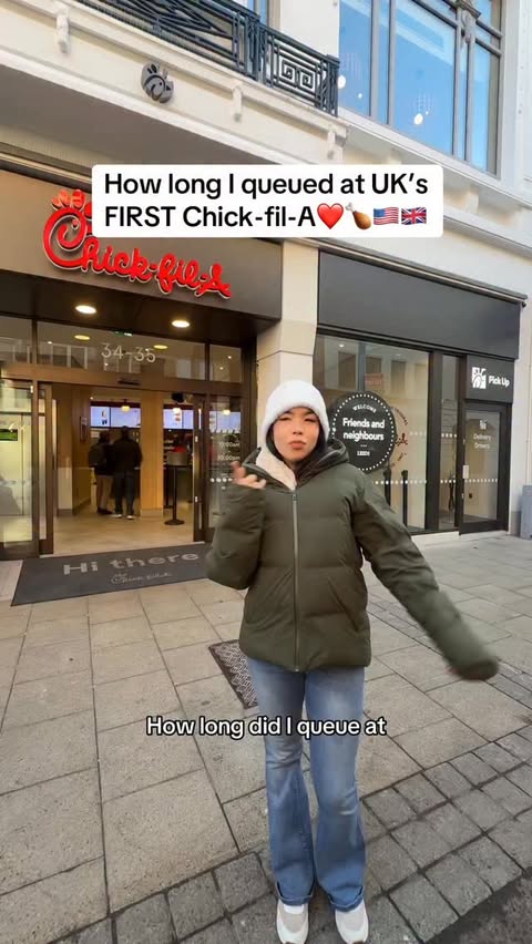 Instagram post by @angelina.pj for Chick-fil-A. Caption reads: HOW LONG I QUEUED FOR THE UKS FIRST CHICK-fil-A!❤️....