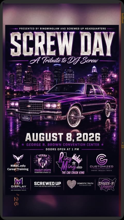 Instagram post by @infamous_tex for The Houstonian. Caption reads: #979TheBox will be live at #DJScrewDay 🔩<🚘> This....