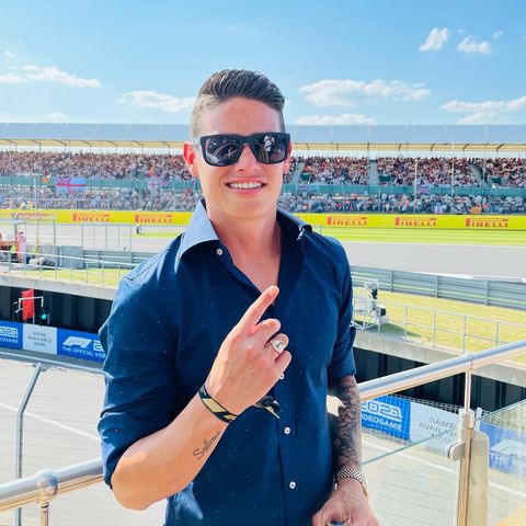Instagram post by @jamesrodriguez10 for Safilo Group. Caption reads: enjoying the excitement of @f1 

😎 @tommyhilfiger....