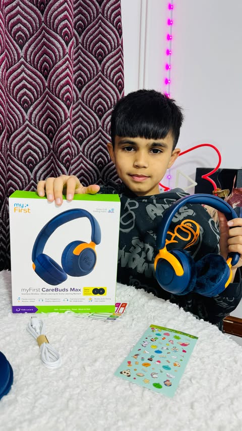 Instagram post by @ibaad_and_family for myFirst. Caption reads: AD || MY FIRST CAREBUDS MAX @myfirst.tech.uk....