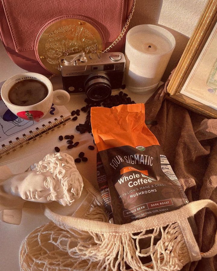Instagram post by @desertsnow555 for Four Sigmatic. Caption reads: [...] It’s Organic, too ☺️. I really like Four....
