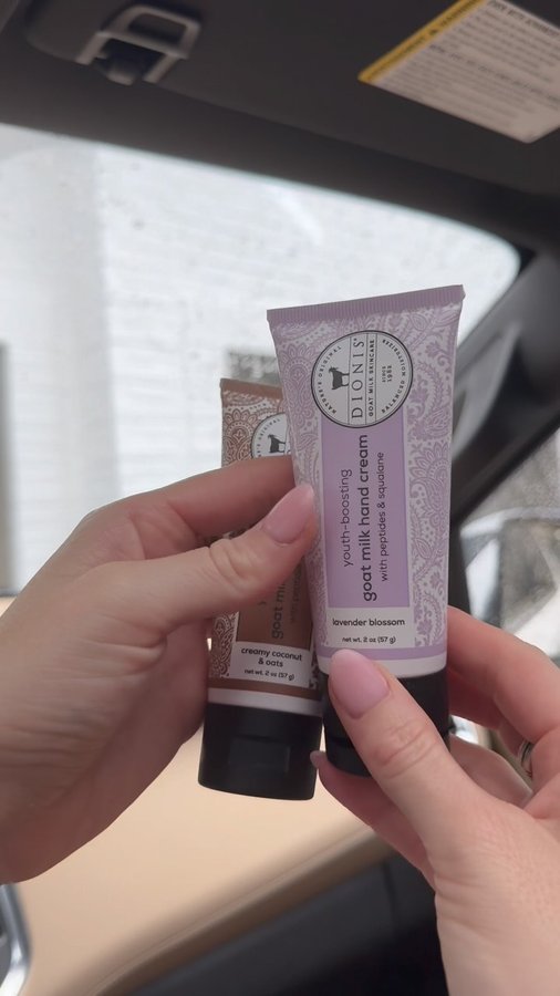 Instagram post by @lauraelizabethgraham for Dionis Goat Milk Skincare. Caption reads: In my purse, diaper bag anddd in my car! The NEW....