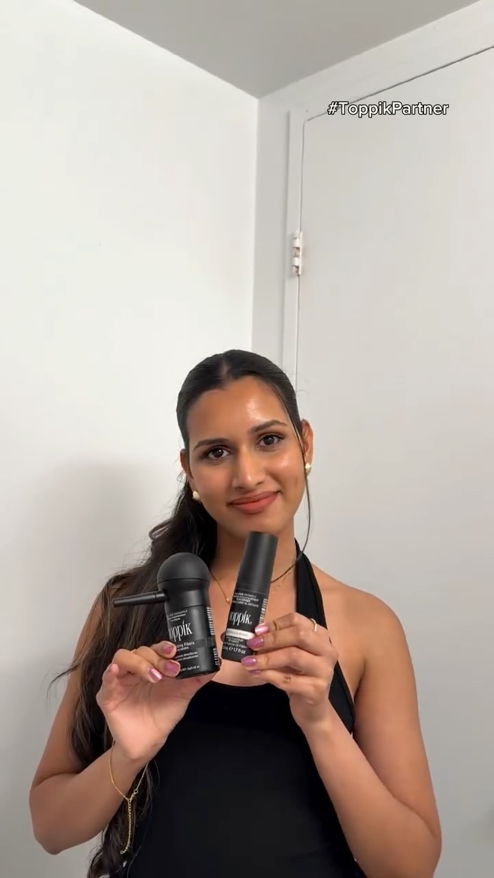 Instagram post by @whatpriyawears for Toppik. Caption reads: #ad Instantly fuller-looking hair in seconds!....