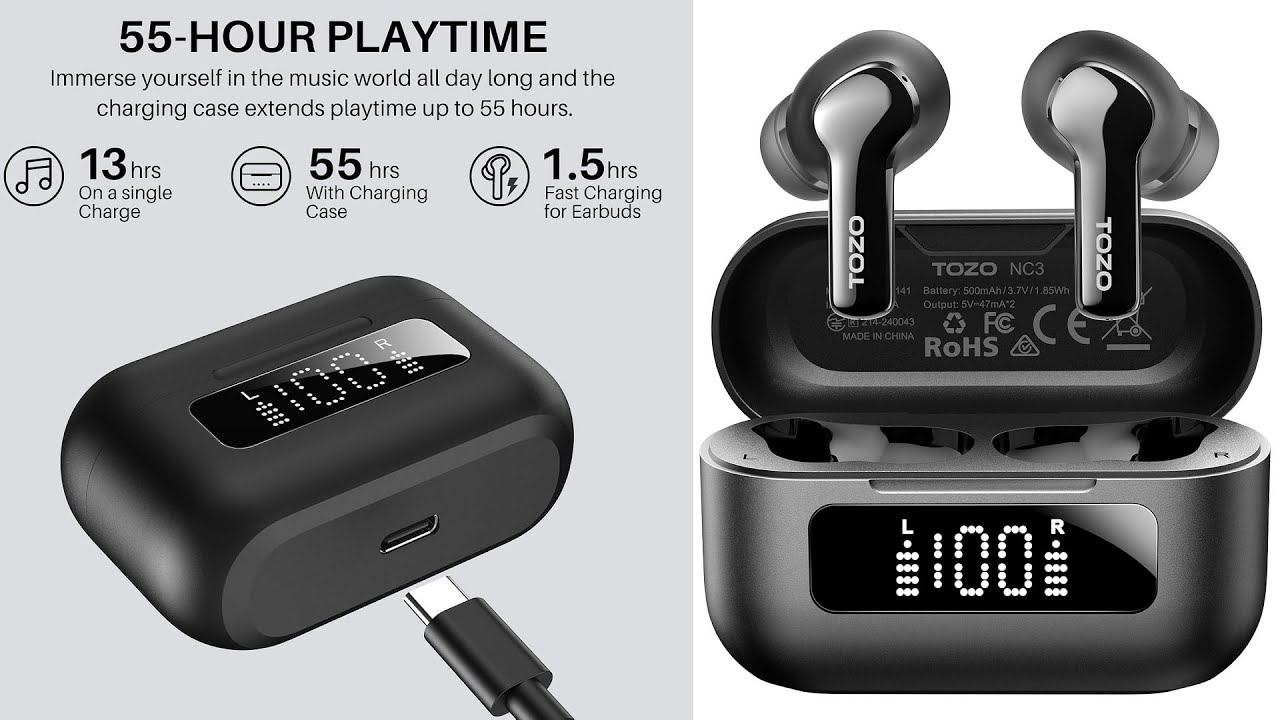 YouTube post by @primetechnologyhd for TOZOSTORE. Caption reads: TOZO NC3 Hybrid Active Noise Cancelling Wireless....