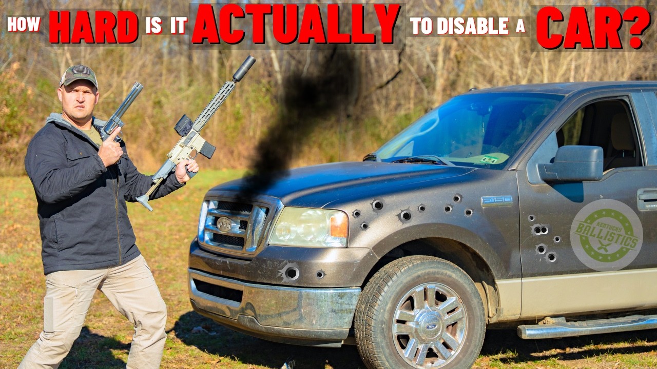 YouTube post by @KentuckyBallistics for Equip Foods. Caption reads: How HARD Is It ACTUALLY To Disable A CAR ???.