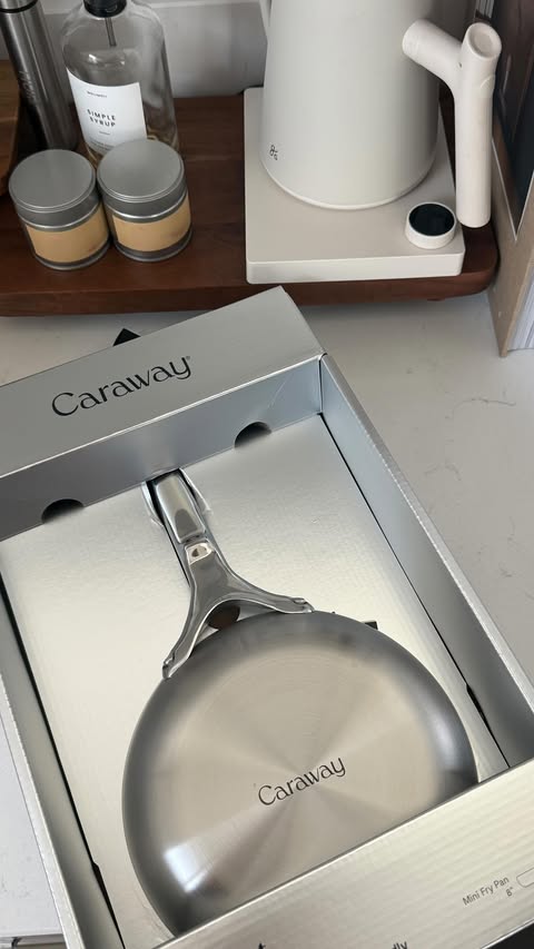 Instagram post by @_nicolesann for Caraway Home. Caption reads: Small pan. BIG breakfast energy 🍳
Been loving....