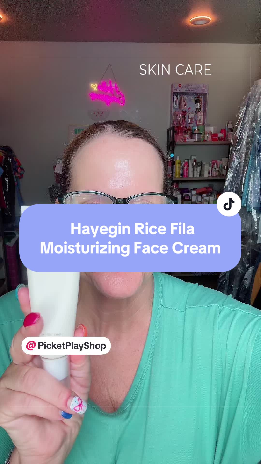 TikTok post by @themommichelle70 for PicketPlay Shop. Caption reads: [...] Rice Fila Moisturizer Face Cream 🤍....