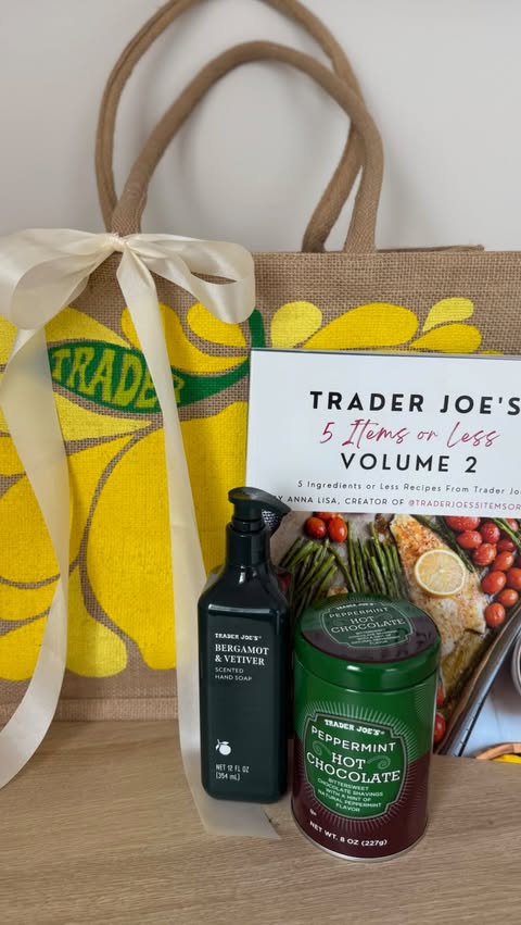 Instagram post by @livinginyellow for Trader Joe's. Caption reads: 👇🏽👇🏽👇🏽THE BEST gift to give a Trader Joe’s....