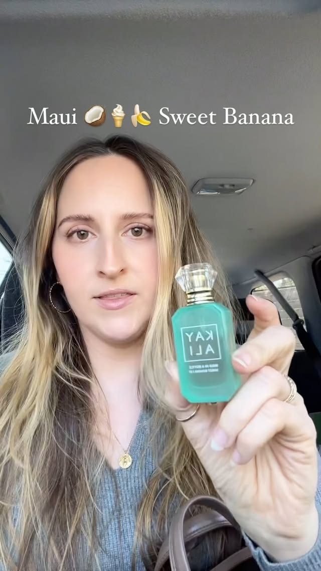 Instagram post by an influencer for KAYALI FRAGRANCES. Caption reads: 🍦🍌🐚 Maui In A Bottle Sweet Banana 36 [pr] is my....