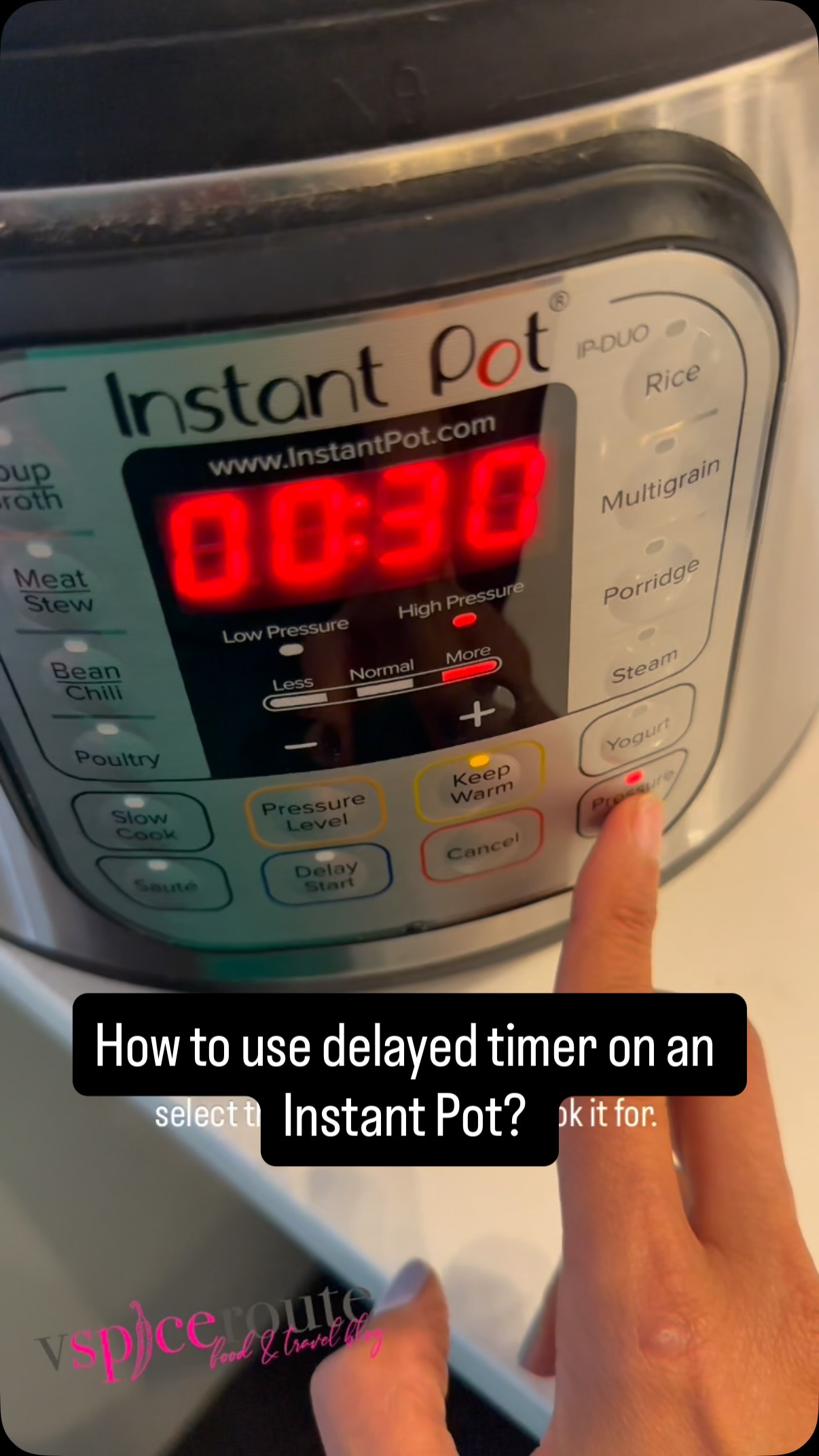 Instagram post by @vspiceroute for Instant Pot. Caption reads: 📌 How to use delayed timer button to cook meals....