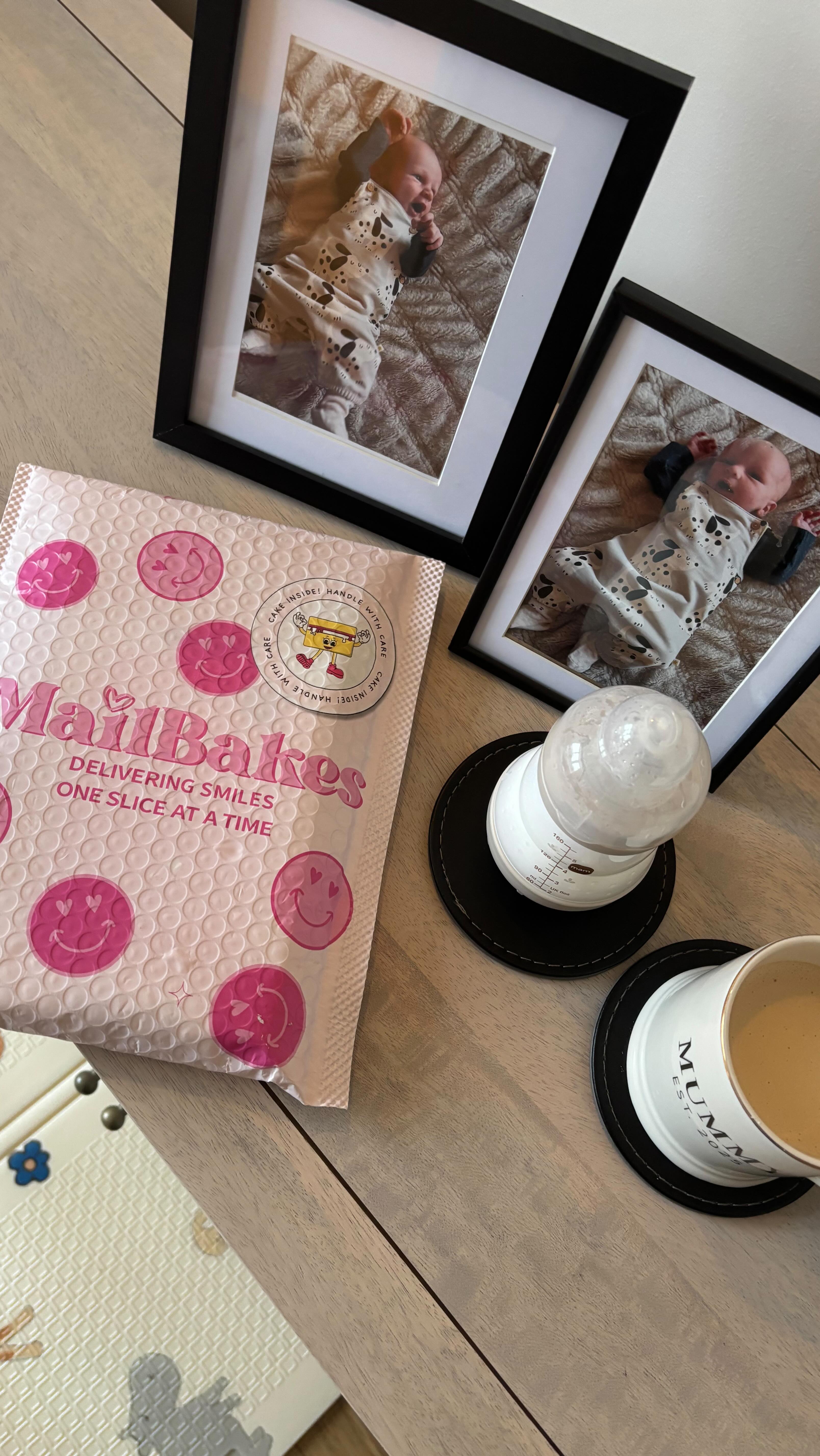 Instagram post by @danandamber for MailBakes. Caption reads: AD | Monthly treats on maternity leave 🩷🍰 

Who....