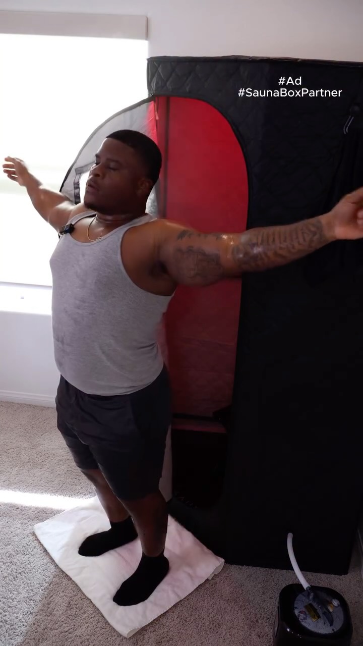 Instagram post by @dariusthebarber for SAUNABOX. Caption reads: #SaunaBoxPartner #Ad Finding small ways to take....