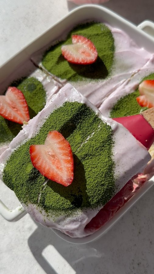 Instagram post by @littlekalegirl for Cocobella. Caption reads: Strawberry Matcha Tiramisu is the perfect treat....