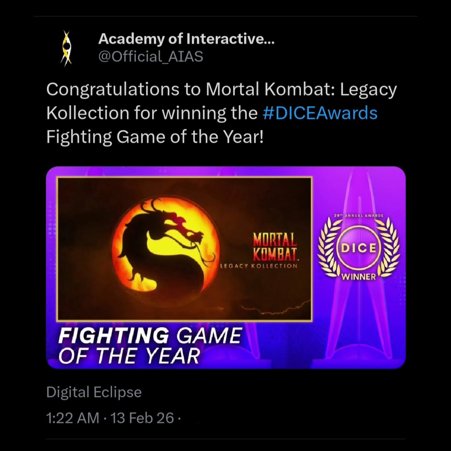Instagram post by @mkarcadekollection for Mortal Kombat. Caption reads: [...] and Sciences: "Congratulations to....