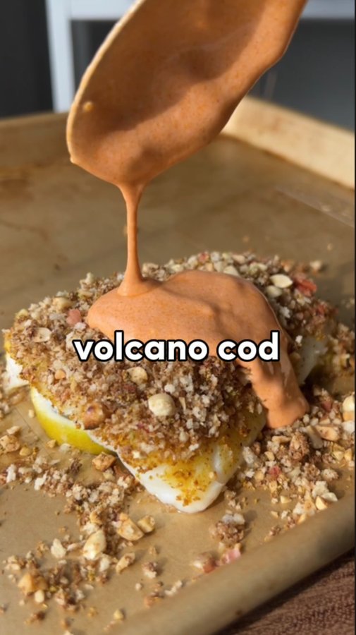 Instagram post by @eatsbyramya for Mezzetta. Caption reads: This volcano cod recipe is so balanced, it’s got....