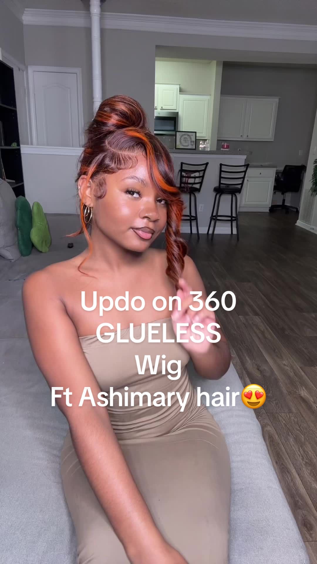TikTok post by @pristinaspurpose for Ashimary Hair. Caption reads: This is my first 360 GLUELESS wig and it....