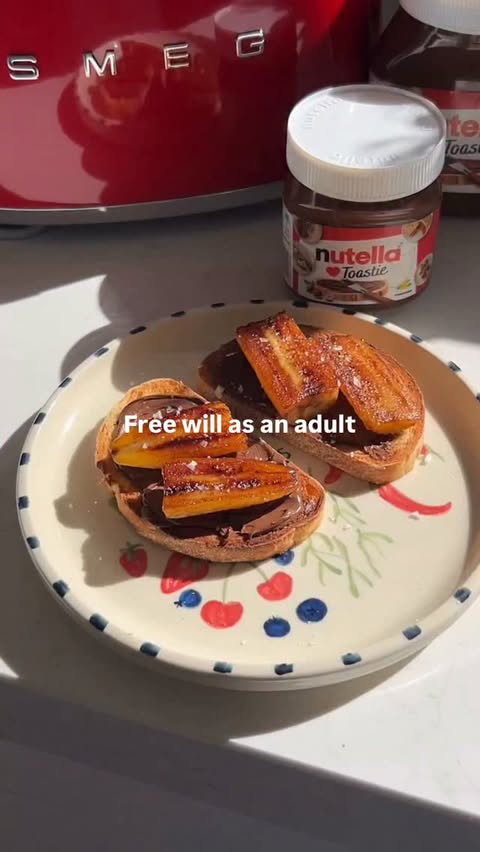 Instagram post by @thefoodarrondissement for Nutella. Caption reads: Free will as an adult is having Nutella banoffee....