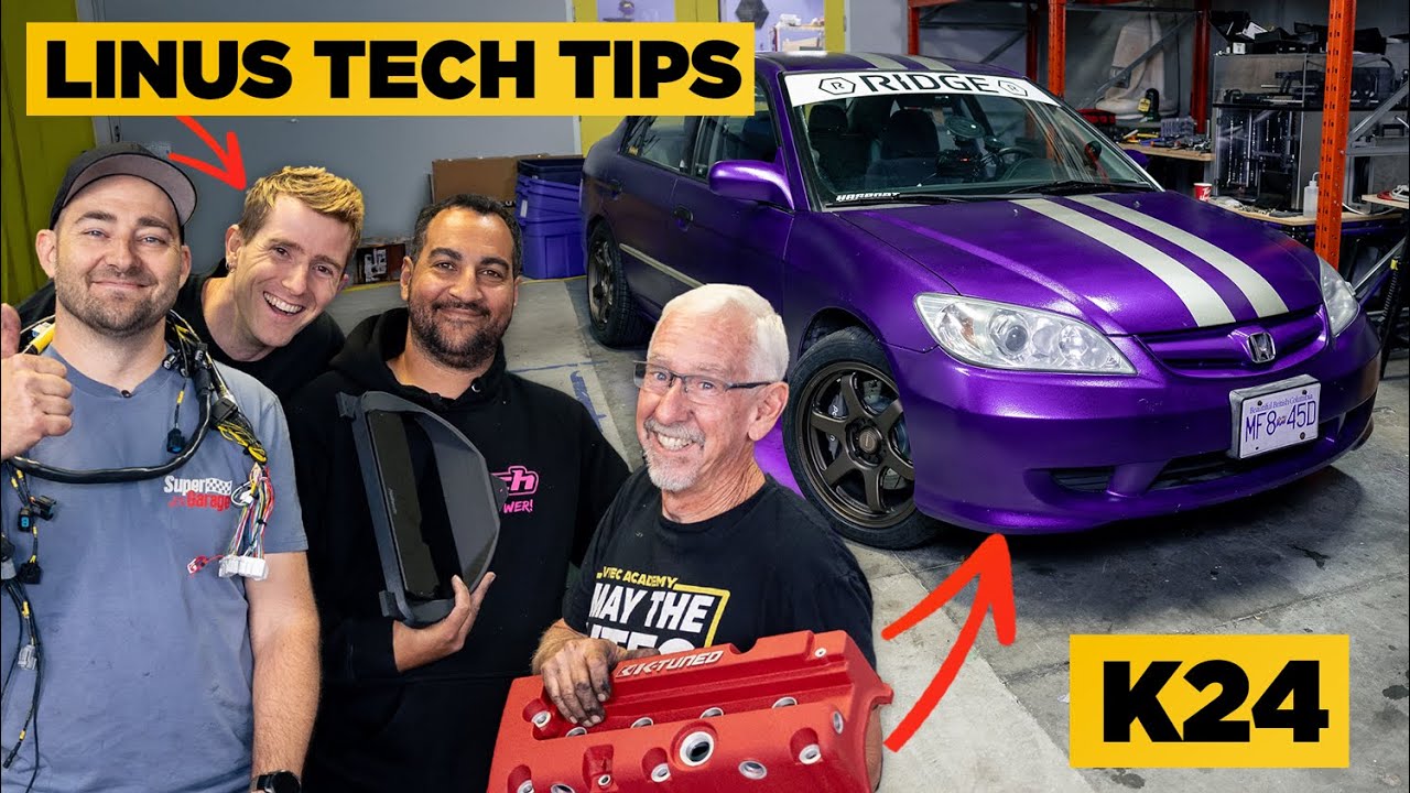 YouTube post by @mightycarmods for Ridge. Caption reads: We Engine Swapped the LTT Honda Civic (Feat .