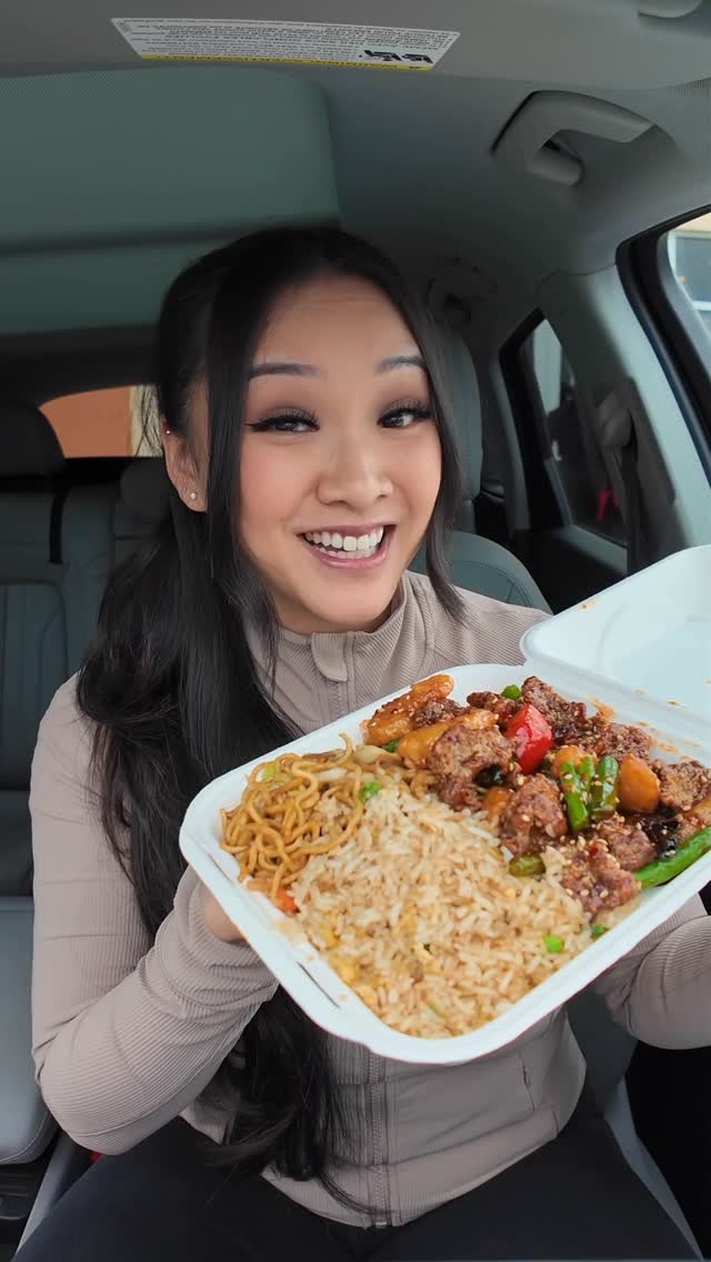 Instagram post by @trinhdoesthings for Panda Express. Caption reads: #ad Shrimp or beef? Panda said BOTH with the new....