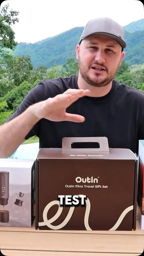 Instagram post by @crazyrussianhacker for OutIn. Caption reads: Travel Coffee Machine - OutIn Mino Traveler Gift....