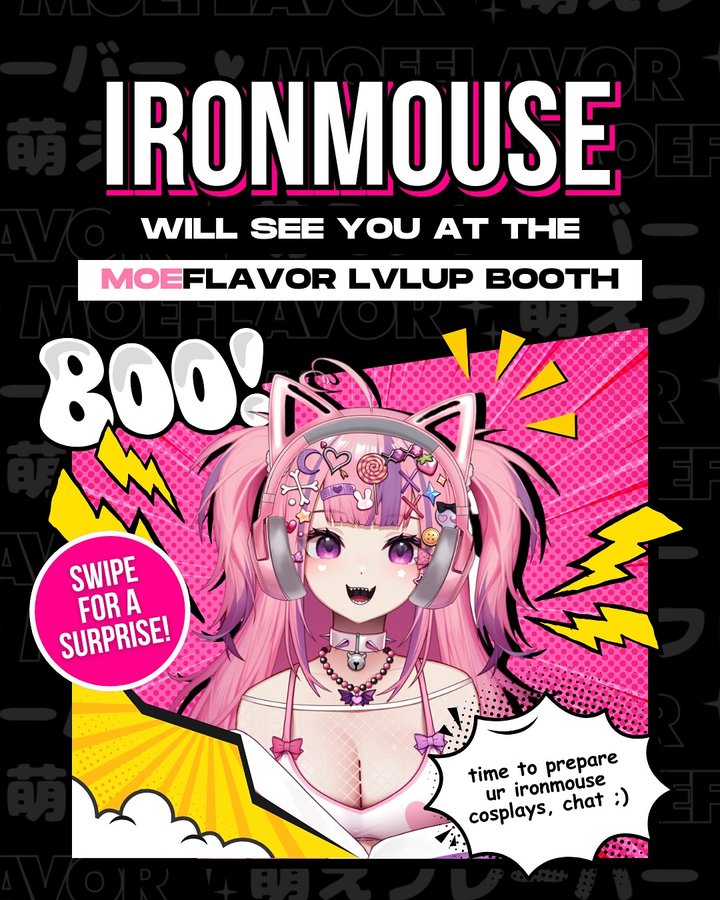 Instagram post by @vshojo for MoeFlavor. Caption reads: Chat, are you ready to see ironmouse at our LVL UP....