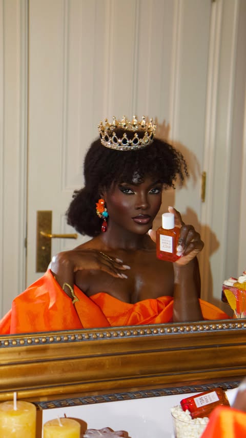 Instagram post by @sonia_barbie_tucker for Ellis Brooklyn. Caption reads: Wrapped in @ellisbrooklyn Queen’s Caramel a....