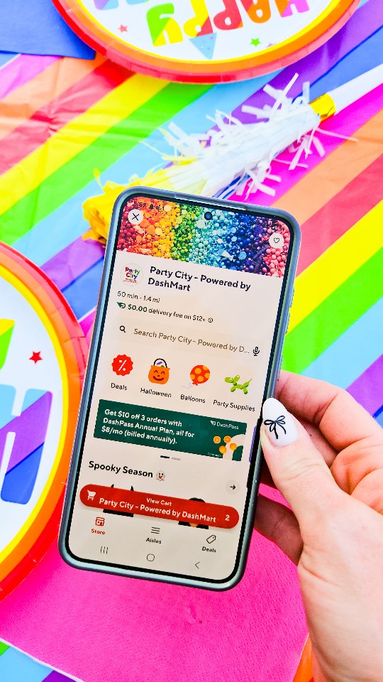 Instagram post by @ashleym.mclaughlin for Party City. Caption reads: [...] or last minute scrambling thanks to....