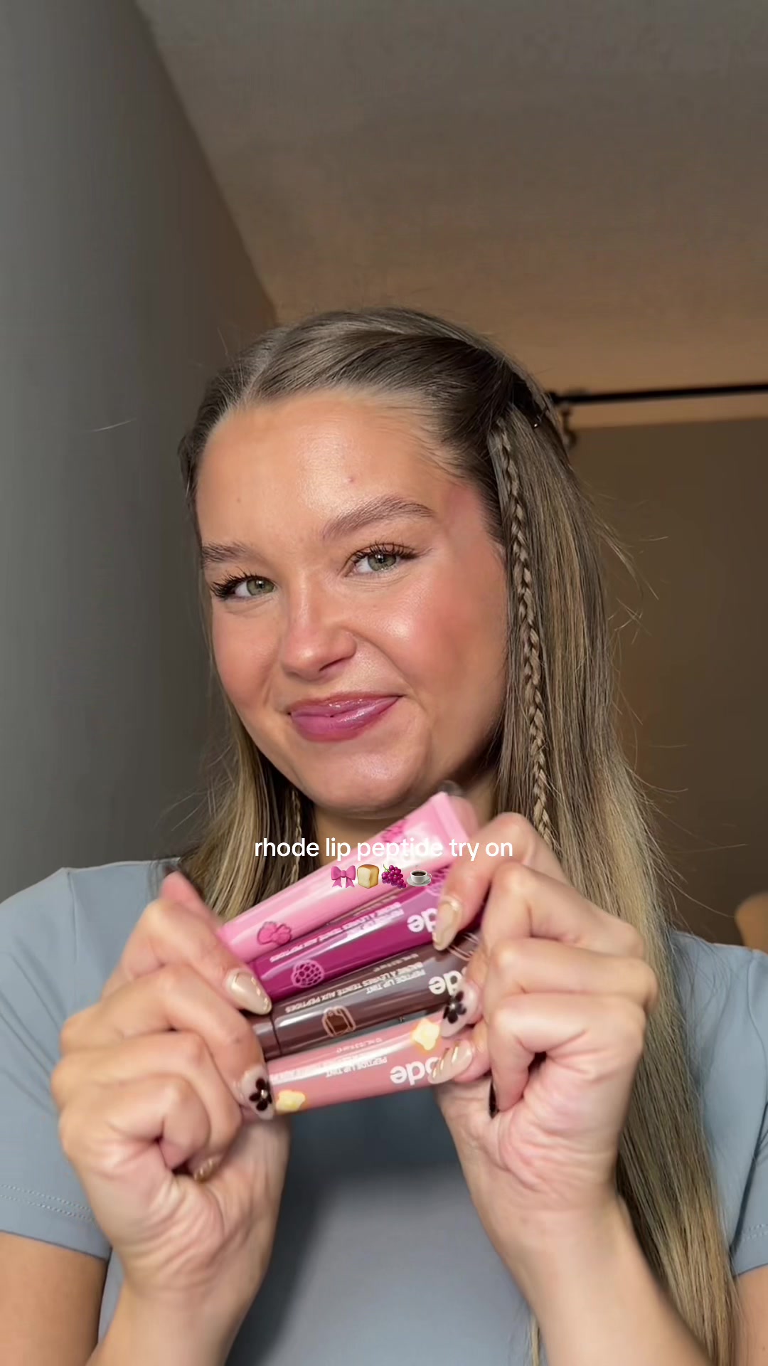 TikTok post by @imgabriellahall for Rhode Skin. Caption reads: [...] these even BETTER 🎀🍞🍇☕️ @rhode skin....