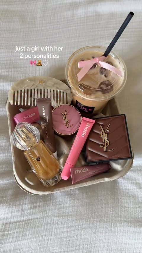 Instagram post by an influencer for rhode skin. Caption reads: my 2 personalities 🎀🧸♡ pr inc - #coffeetray....