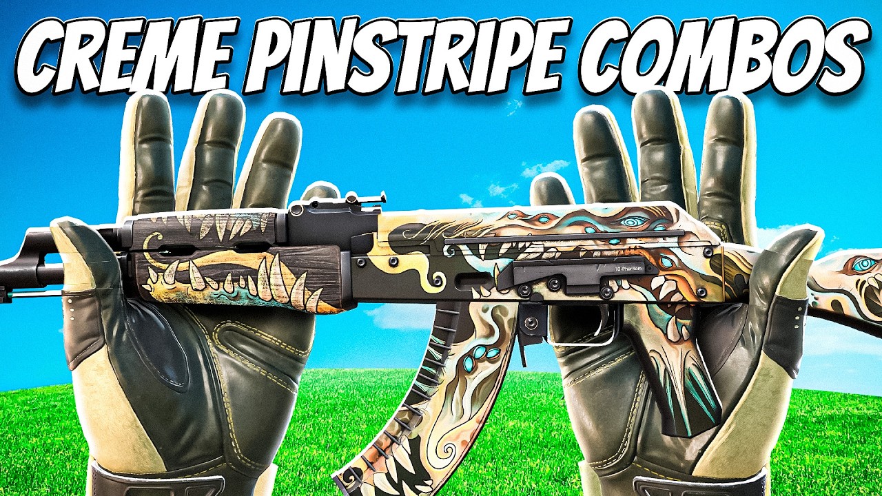 YouTube post by @Fozzii_FPS for Skin.Club. Caption reads: The BEST Combos for Creme Pinstripe Gloves in CS2!....