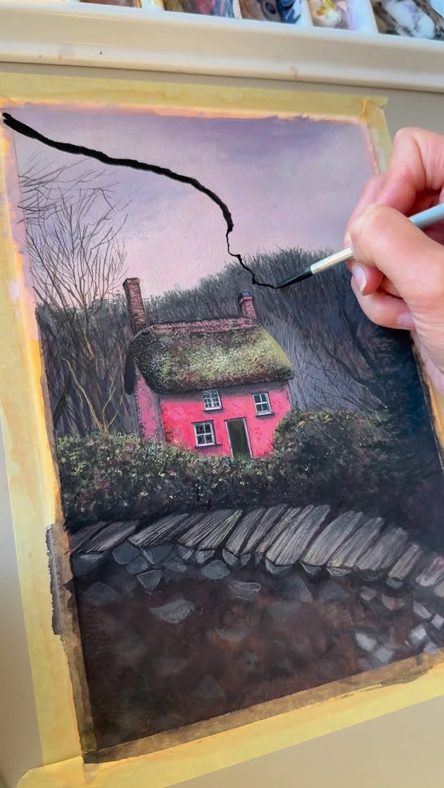 Instagram post by @lenakollar for MEEDEN ART. Caption reads: FREEHAND tree painting, no sketch, just dry 300gms....