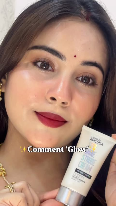 Instagram post by @vanshikaa.jain__ for Hilary Rhoda Cosmetics. Caption reads: Comment 'Glow'🌸 or you can send reel in my dm to....
