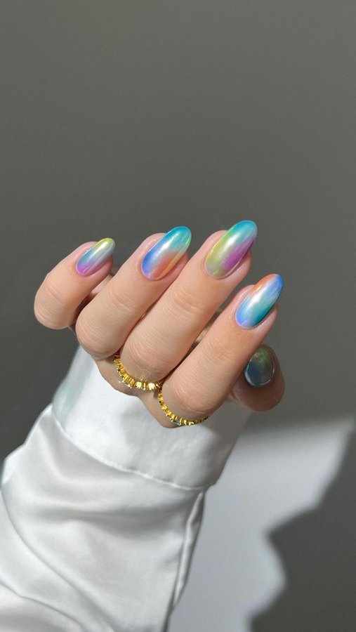 Instagram post by @heygreatnails for ICEGEL. Caption reads: 🫧🪻🌤️🍁❄️ I always love creating nail designs....