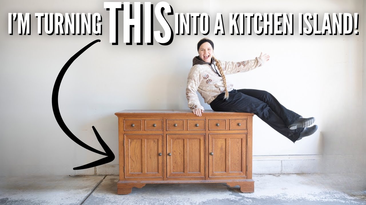 YouTube post by @FurnitureFlippingTeacher for SurfPrep sanding. Caption reads: OLD BUFFET Turned Kitchen Island?!.