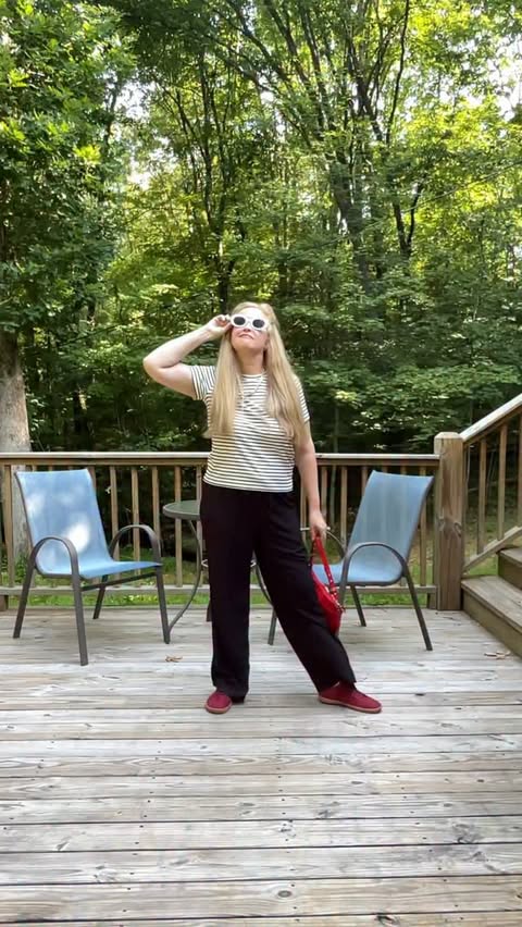 Instagram post by @yogathroughmenopause for Amazon Finds. Caption reads: [...] purchases. #SummerStyle #WideLegPants....