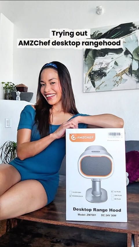 Instagram post by @lakatwoman.og for AMZCHEF. Caption reads: [...] This portable desktop range hood from....