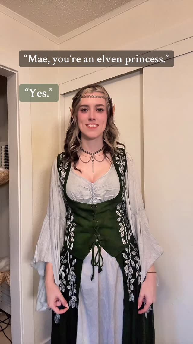 Instagram post by @maelefay for HolyClothing. Caption reads: [...] Tauriel in ‘moss green’ gifted by....